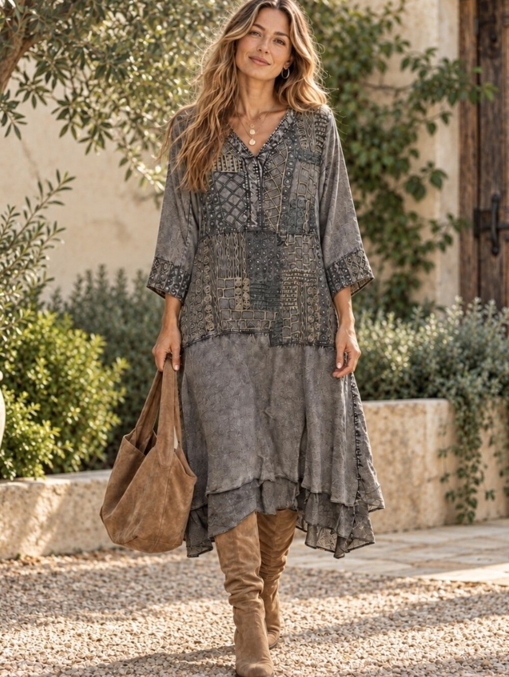 Parsley & Sage Patchwork Midi Dress Gray Embroidered Tiered Artsy Boho NWT Sz M